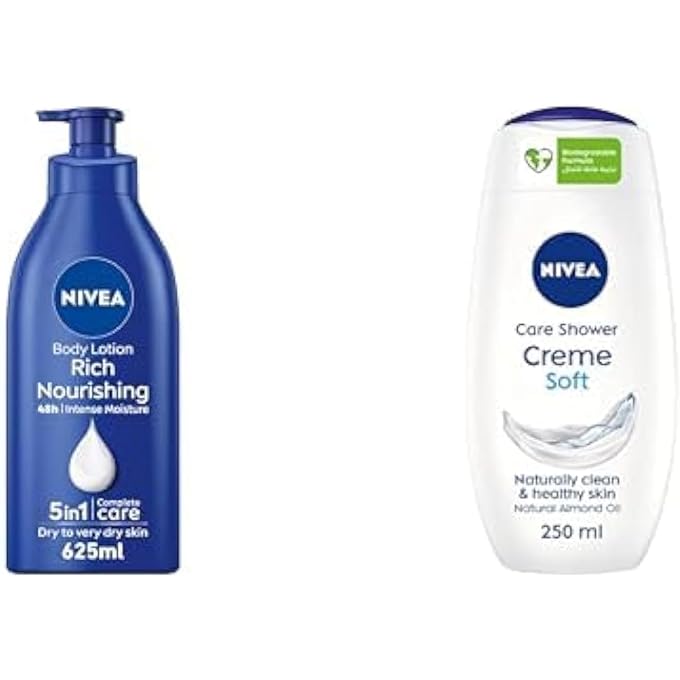 NIVEA Body Lotion Extra Dry Skin, Nourishing Almond Oil & Vitamin E, 625ml + NIVEA Shower Gel Body Wash, Cleansing Creme Soft Almond Oil Mild Scent, 250ml - Image 1